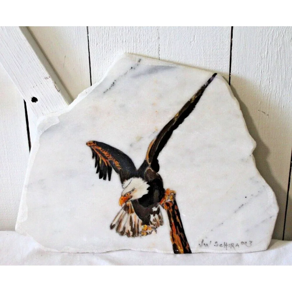 VTG American Eagle Hand Painted Stone Marble Slab Art Signed Table/Wall 12